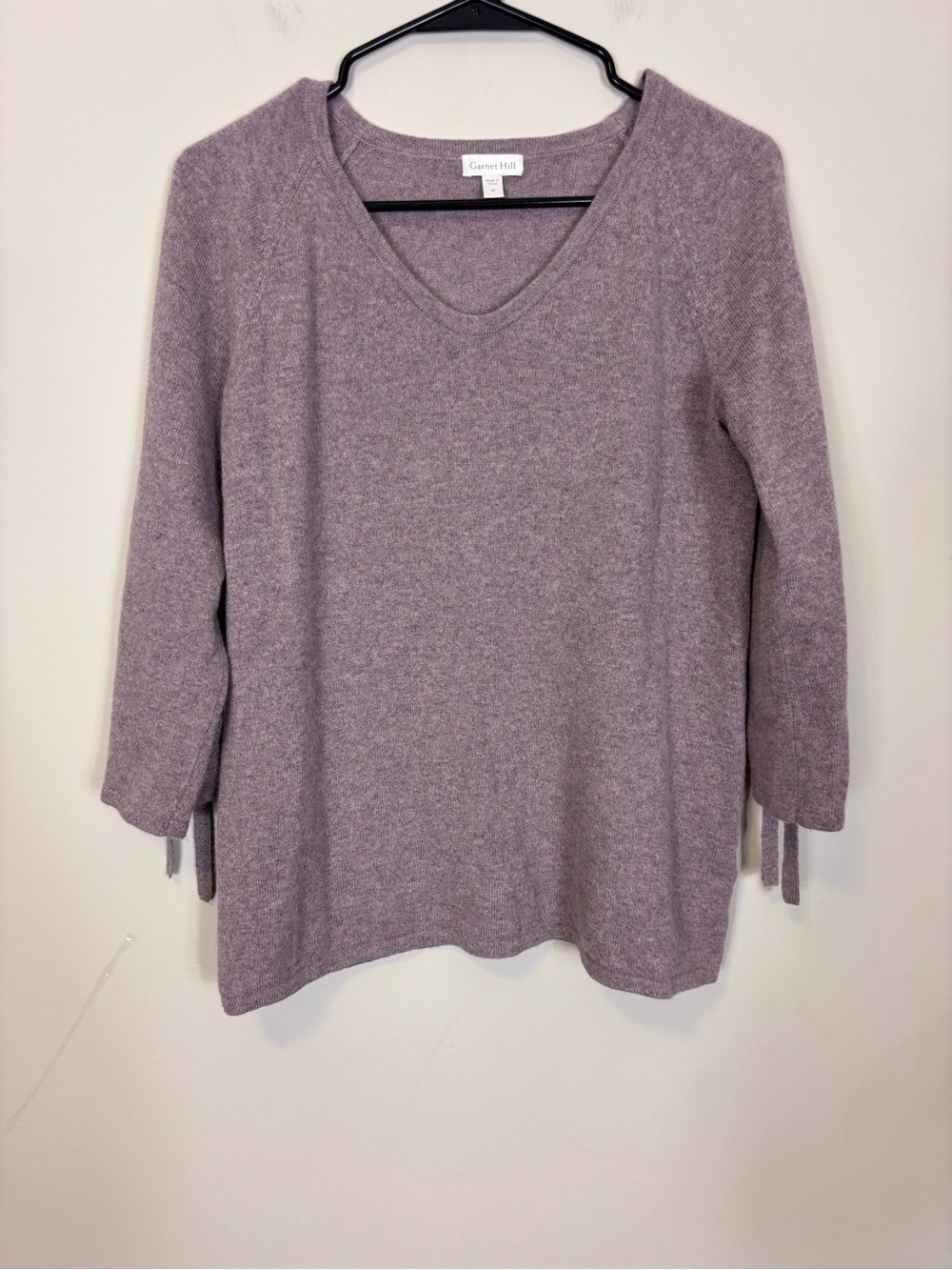 Garnet Hill Mauve Lilac 100% Cashmere V-Neck Rushed Sleeve Sweater Medium